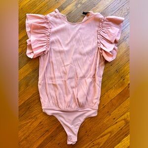 Express XS Pink Bodysuit with Ruffled Sleeves